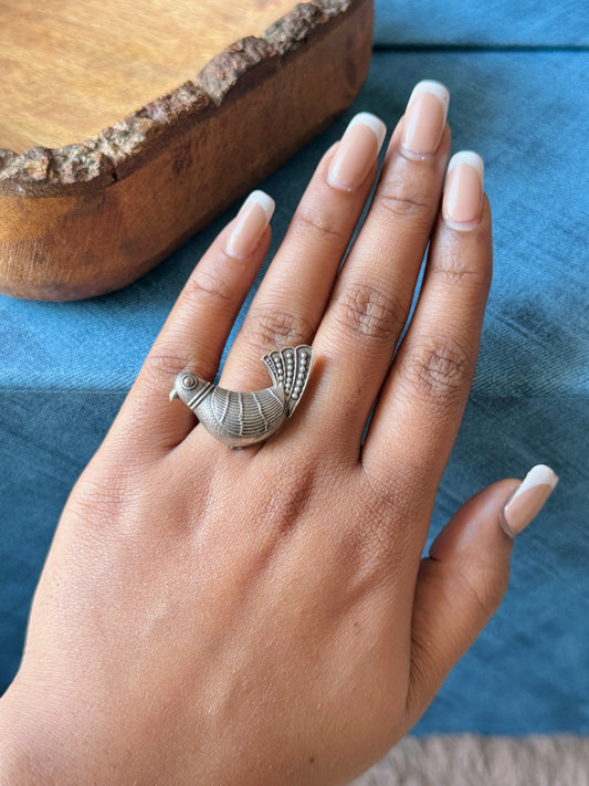 Oxidised Bird Free-Size Ring for Women