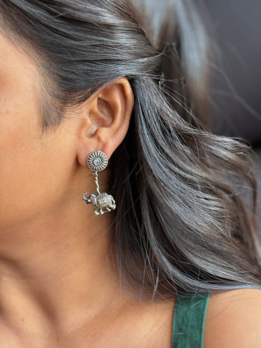Oxidised Silver Elephant Earrings | Tribal Stud Drop Earrings