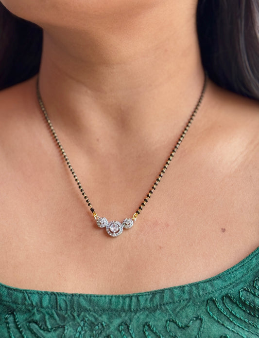 AD Stone Triple Circle Mangalsutra — Modern Diamond-Look Black Bead Chain for Daily Wear