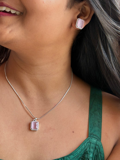 AD Stone Pendant Earrings Set | American Diamond Square Jewellery Set