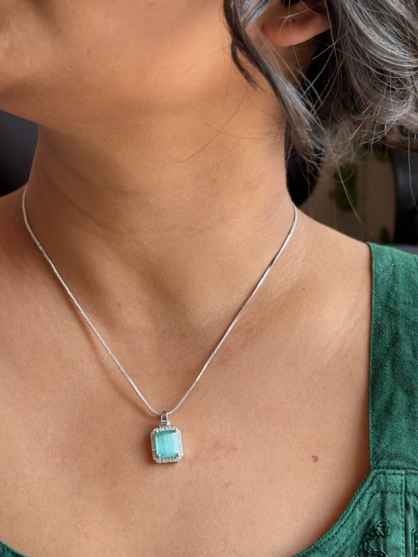 AD Stone Pendant Earrings Set | American Diamond Square Jewellery Set
