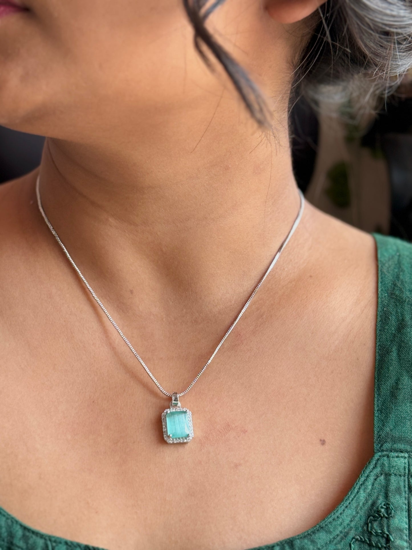 AD Stone Pendant Earrings Set | American Diamond Square Jewellery Set