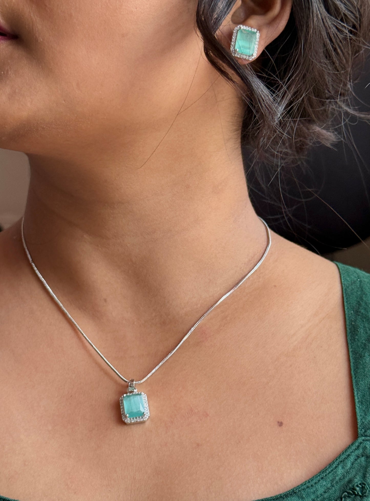 AD Stone Pendant Earrings Set | American Diamond Square Jewellery Set