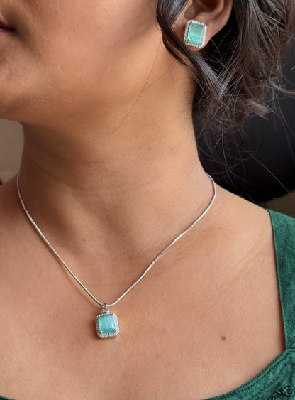 AD Stone Pendant Earrings Set | American Diamond Square Jewellery Set