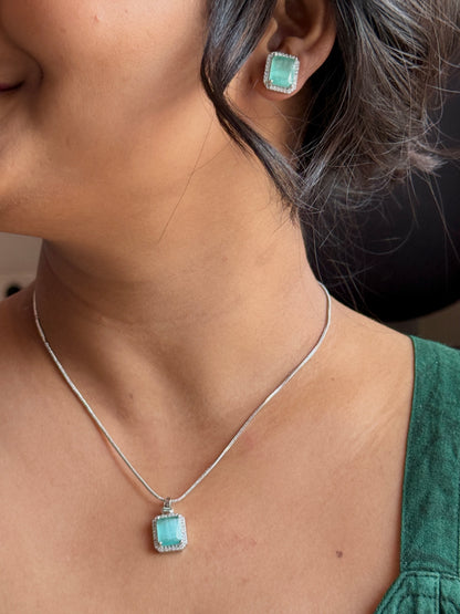 AD Stone Pendant Earrings Set | American Diamond Square Jewellery Set