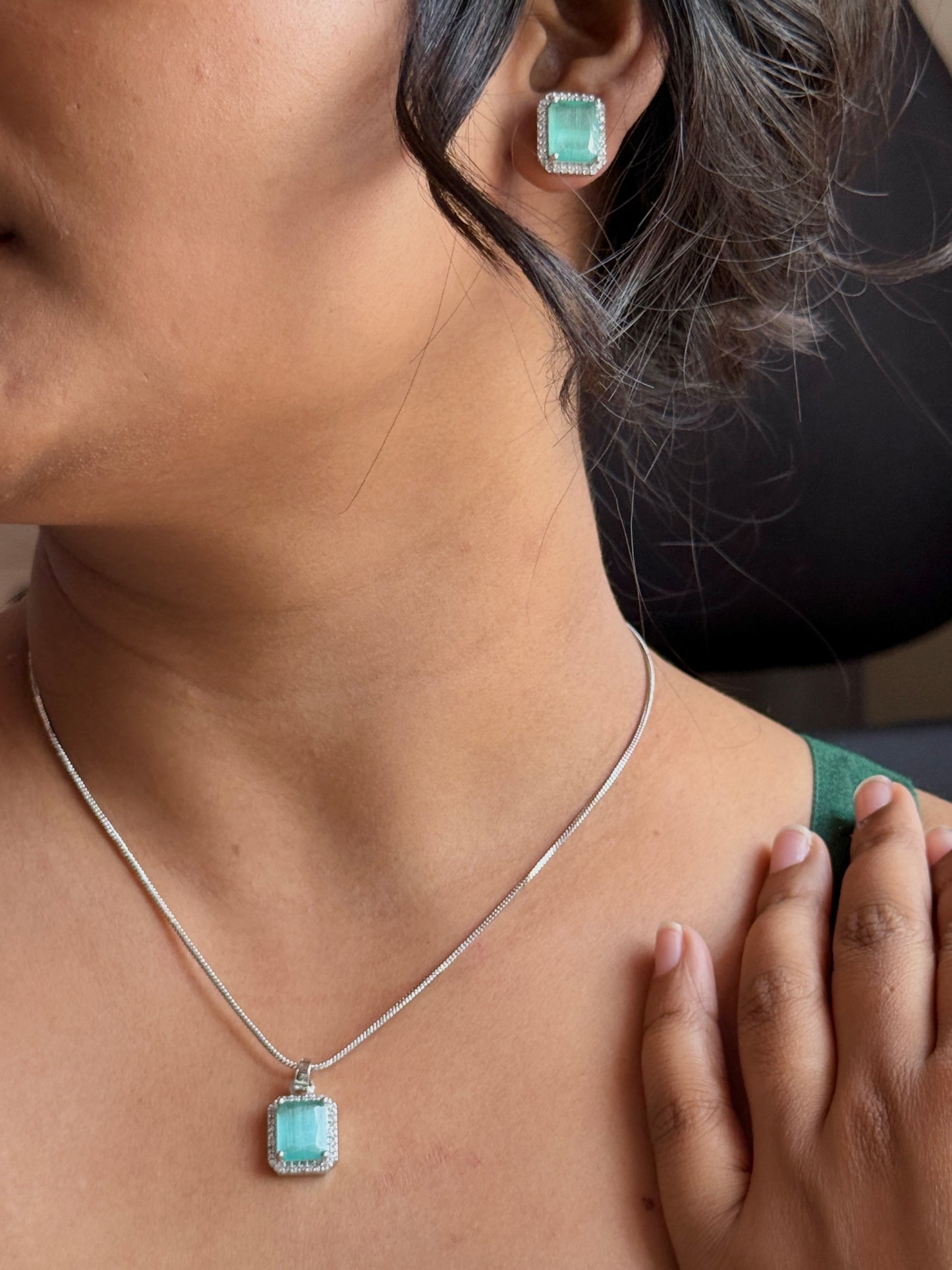 AD Stone Pendant Earrings Set | American Diamond Square Jewellery Set