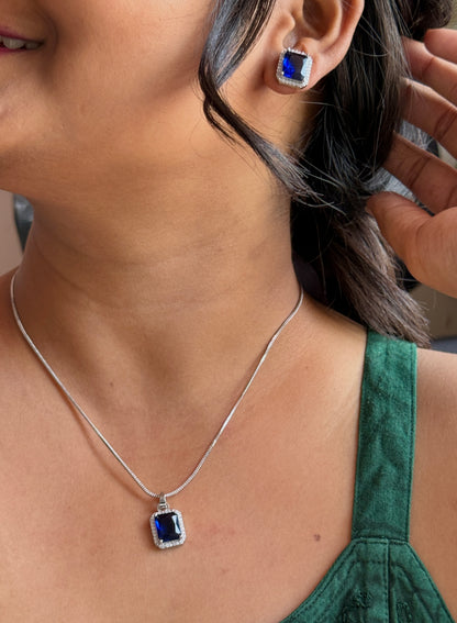 AD Stone Pendant Earrings Set | American Diamond Square Jewellery Set