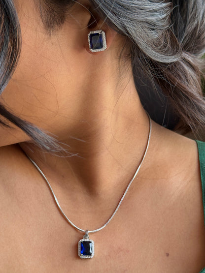 AD Stone Pendant Earrings Set | American Diamond Square Jewellery Set