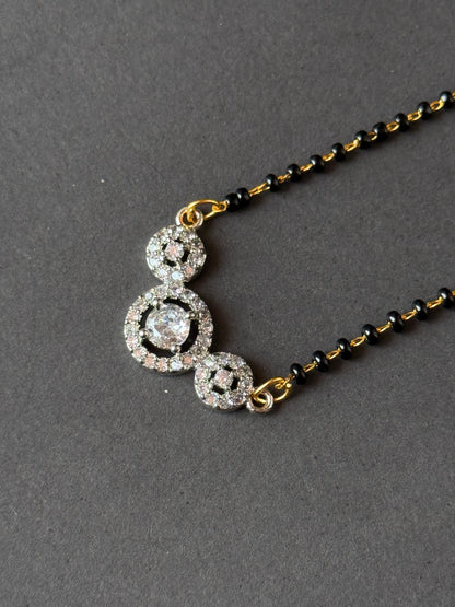 AD Stone Triple Circle Mangalsutra — Modern Diamond-Look Black Bead Chain for Daily Wear