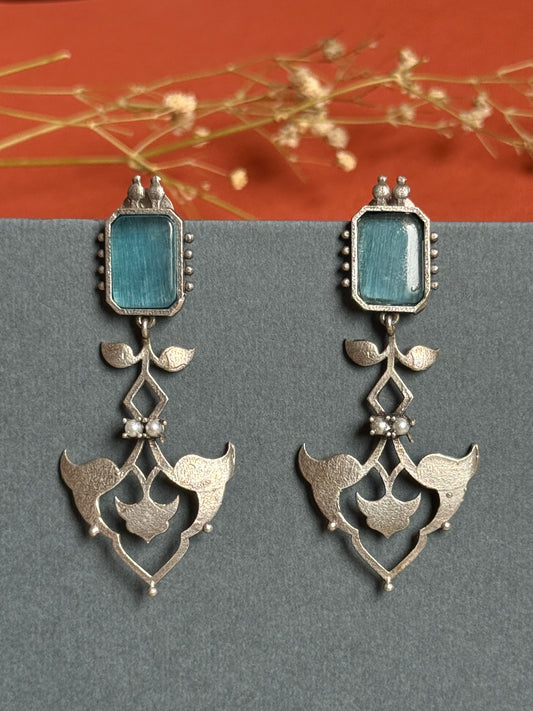 Elegant Long German Silver Stone Earrings