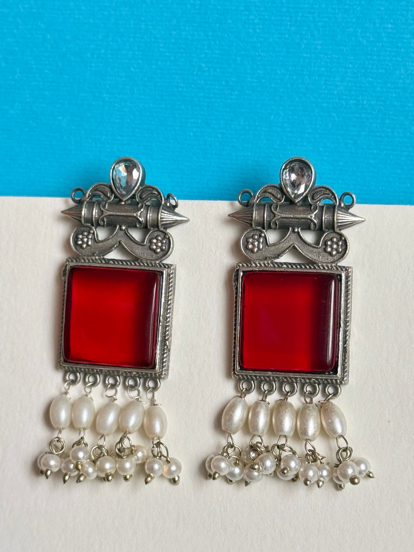 Oxidised Stone-Embedded Statement Earrings