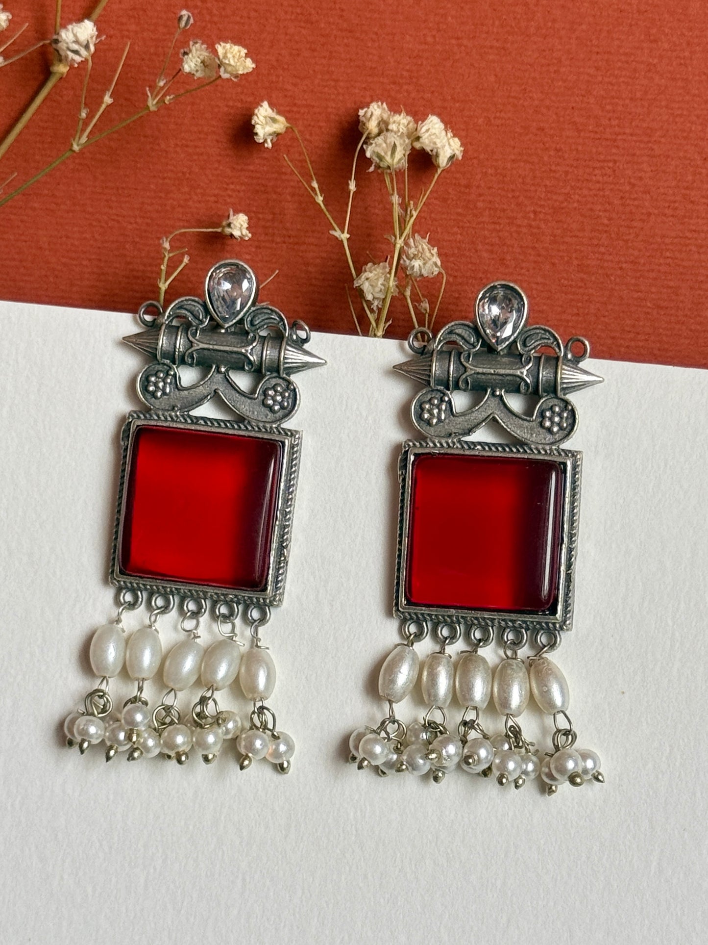 Oxidised Stone-Embedded Statement Earrings