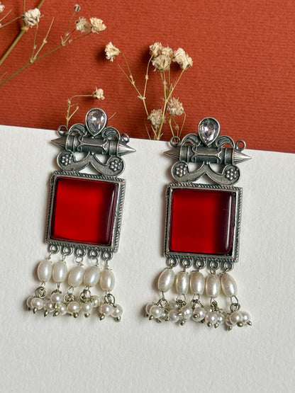 Oxidised Stone-Embedded Statement Earrings