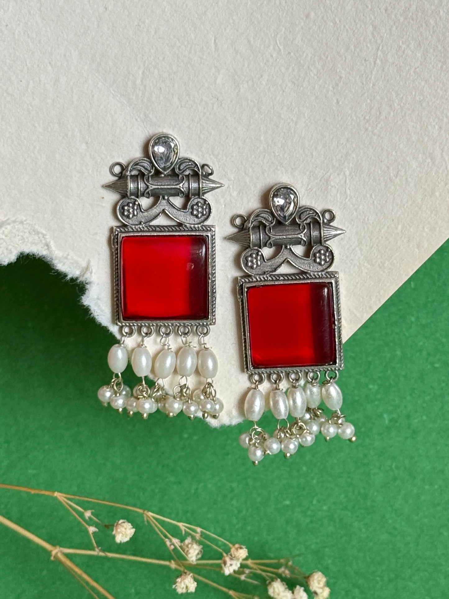 Oxidised Stone-Embedded Statement Earrings