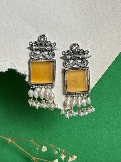 Oxidised Stone-Embedded Statement Earrings