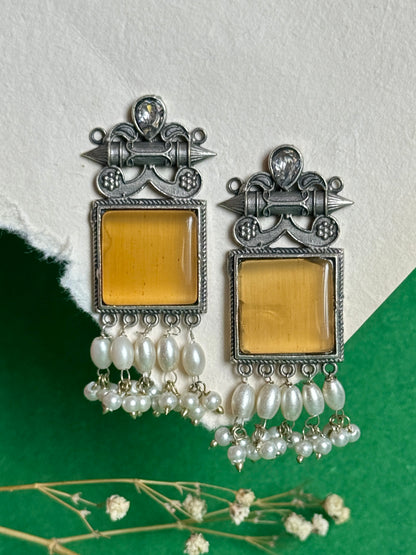 Oxidised Stone-Embedded Statement Earrings
