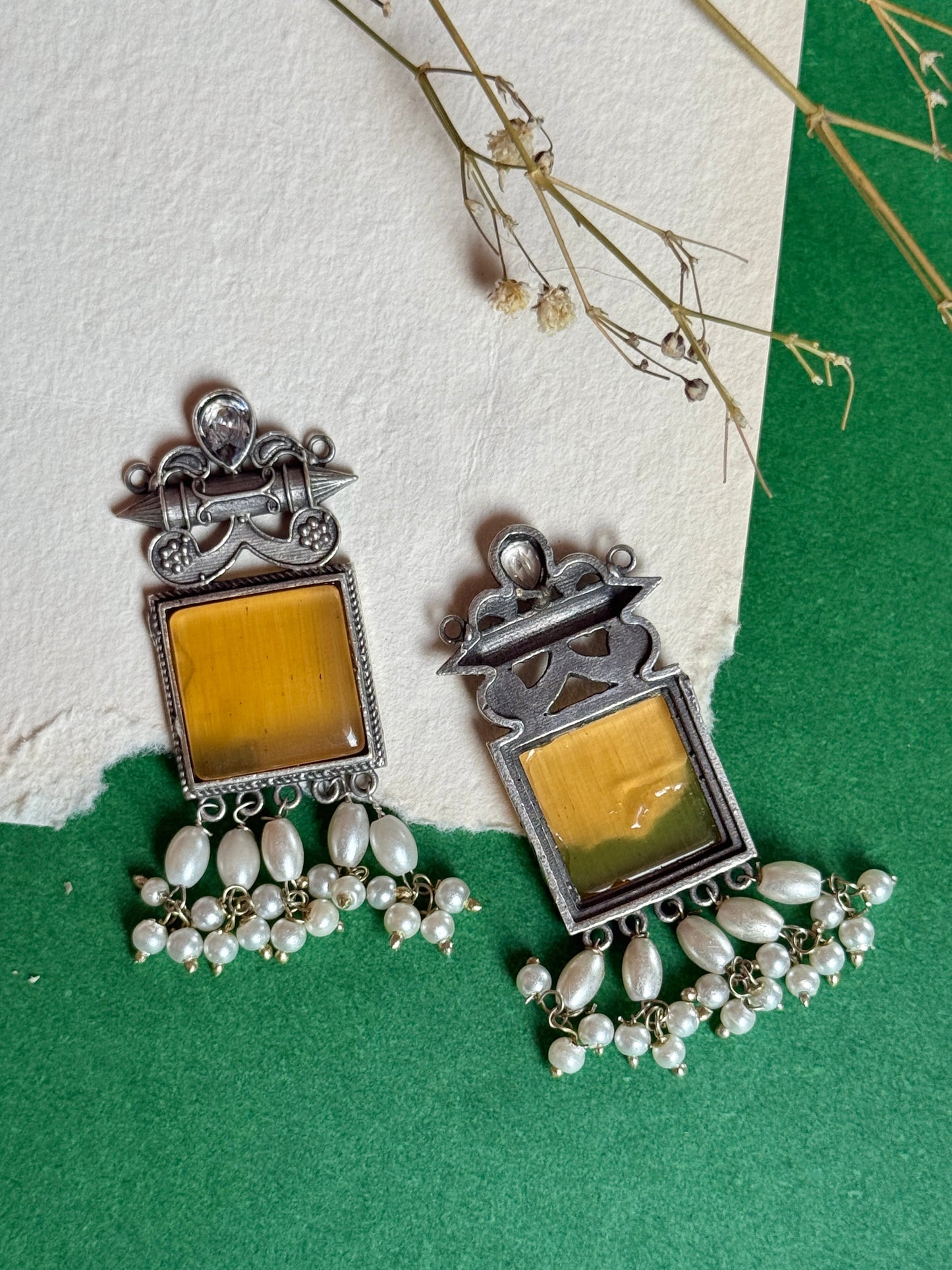 Oxidised Stone-Embedded Statement Earrings