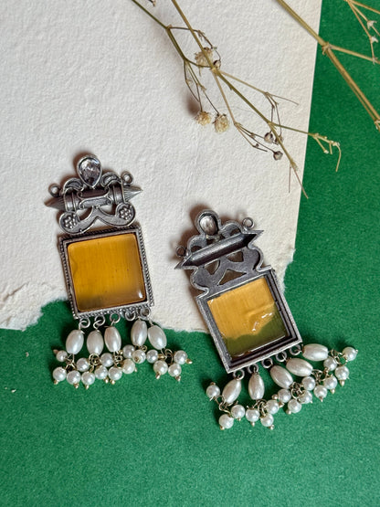 Oxidised Stone-Embedded Statement Earrings