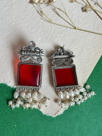 Oxidised Stone-Embedded Statement Earrings