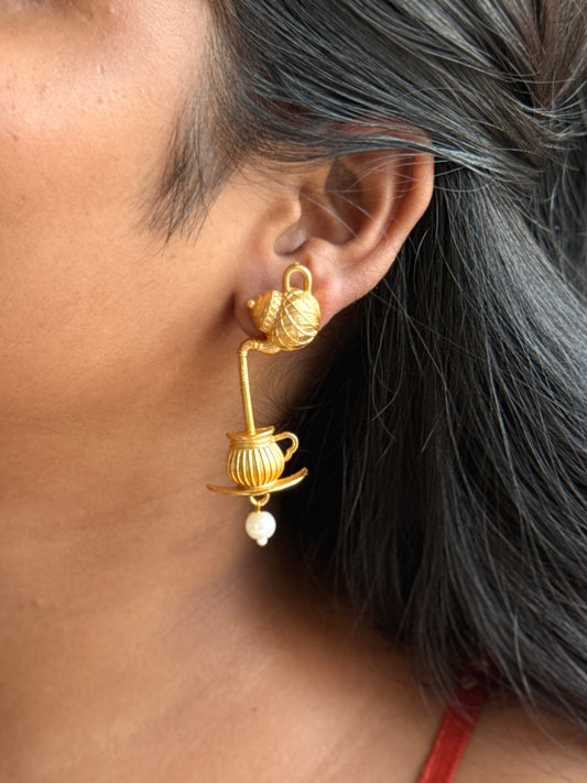 Tea Kettle Inspired Gold-Toned Earrings