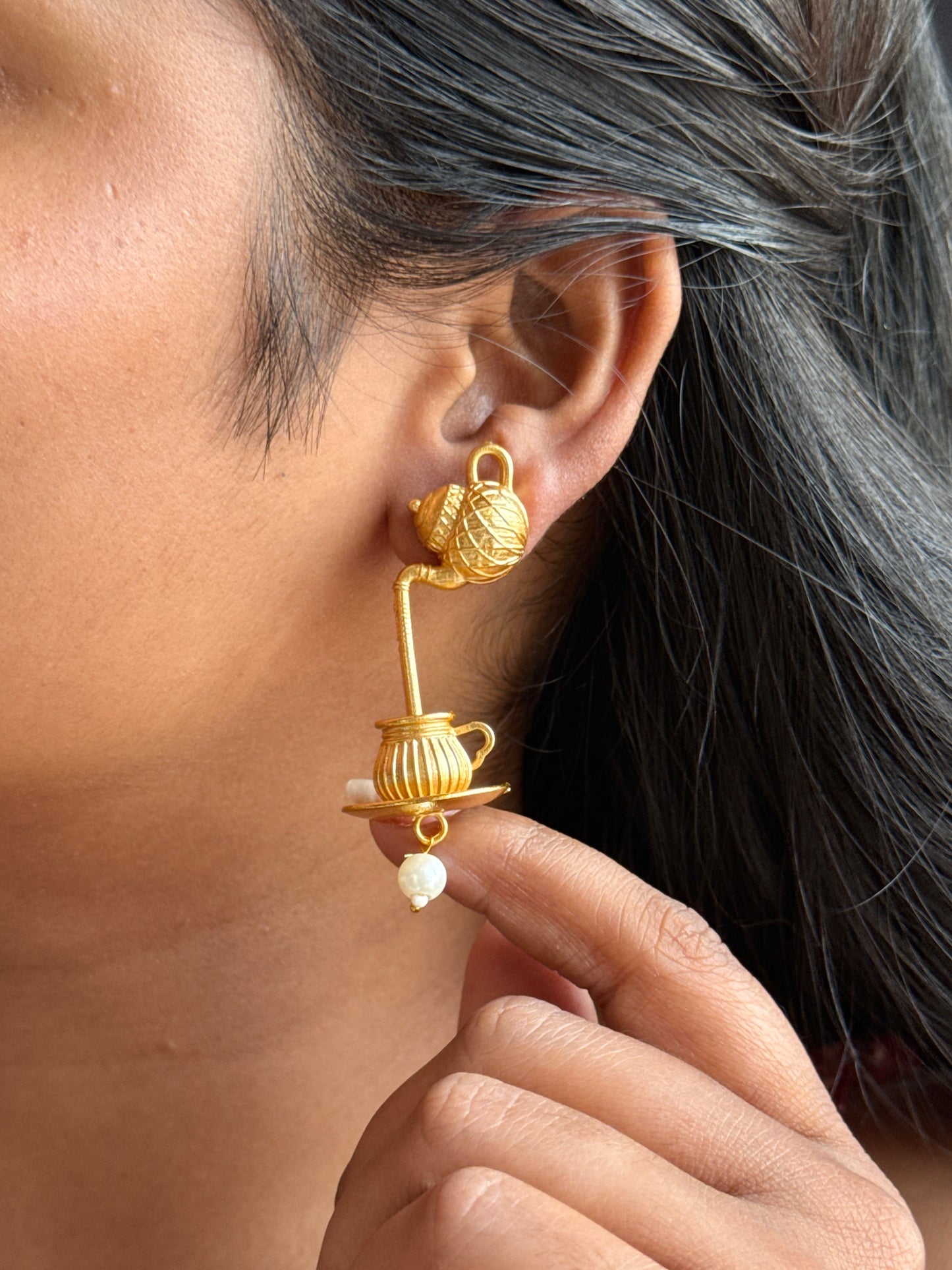 Tea Kettle Inspired Gold-Toned Earrings