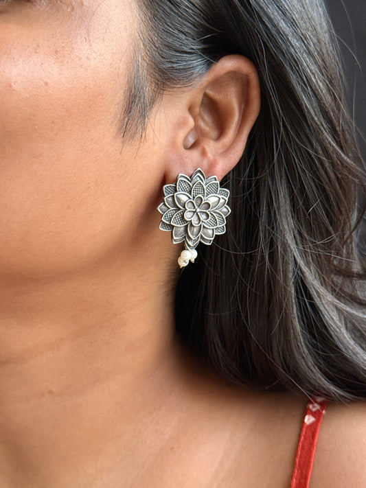 Blooming Floral Silver Stud Earrings