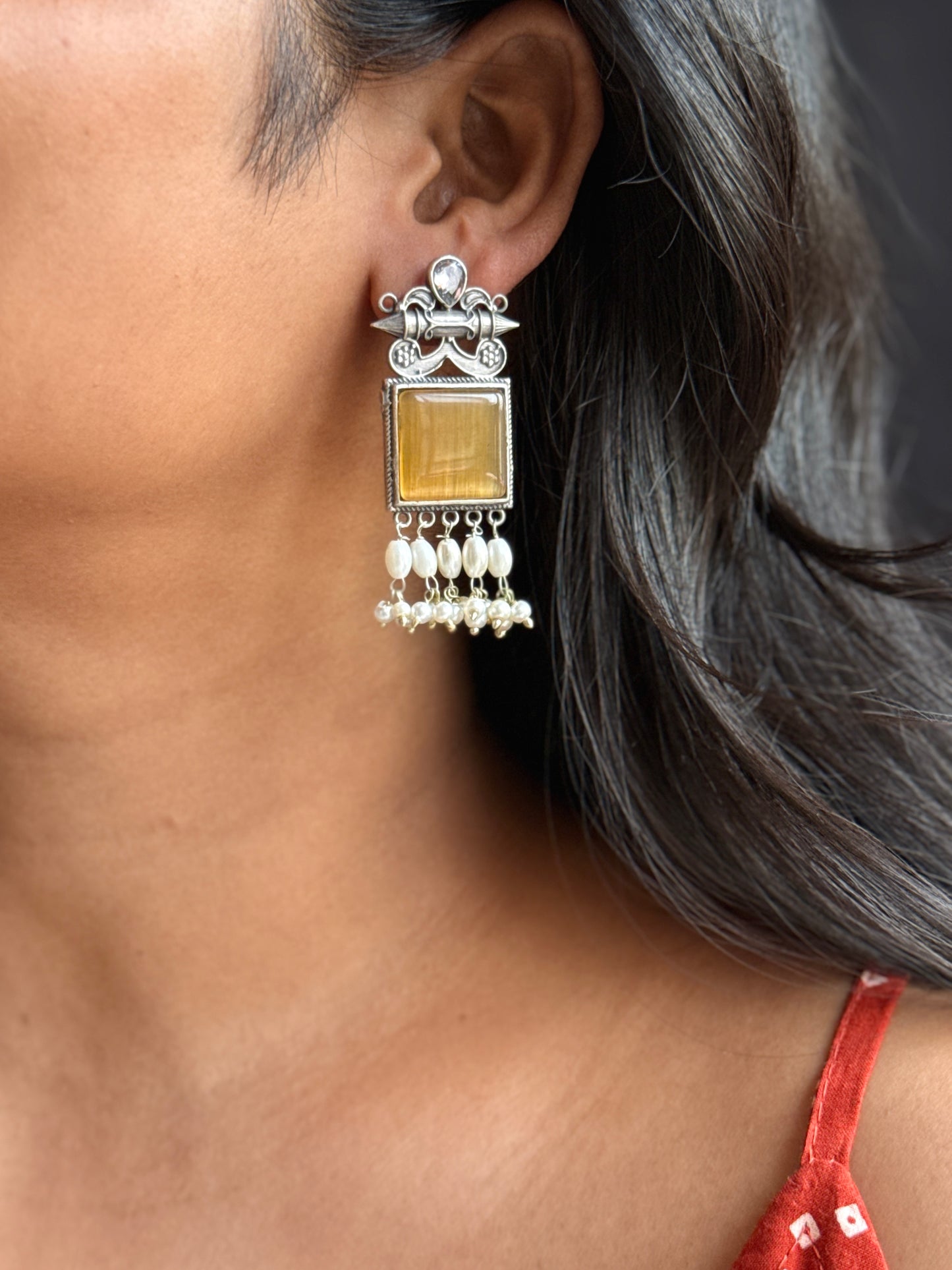 Oxidised Stone-Embedded Statement Earrings