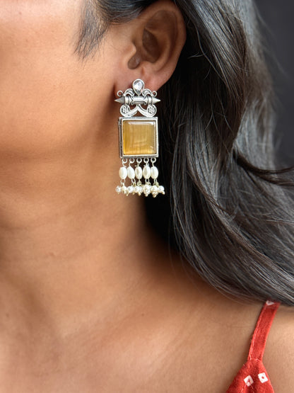 Oxidised Stone-Embedded Statement Earrings