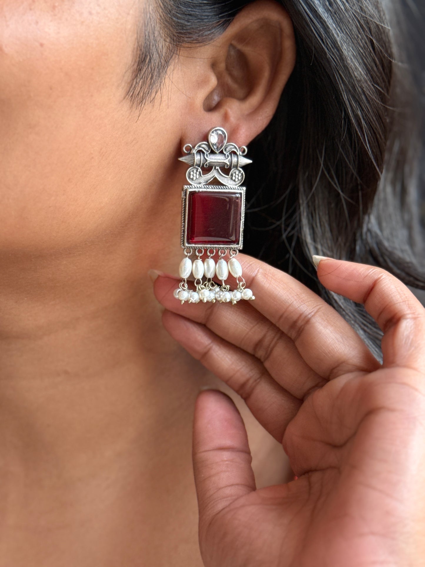Oxidised Stone-Embedded Statement Earrings
