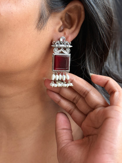 Oxidised Stone-Embedded Statement Earrings