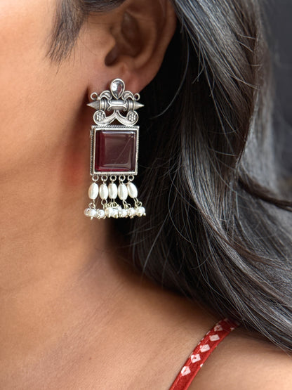 Oxidised Stone-Embedded Statement Earrings