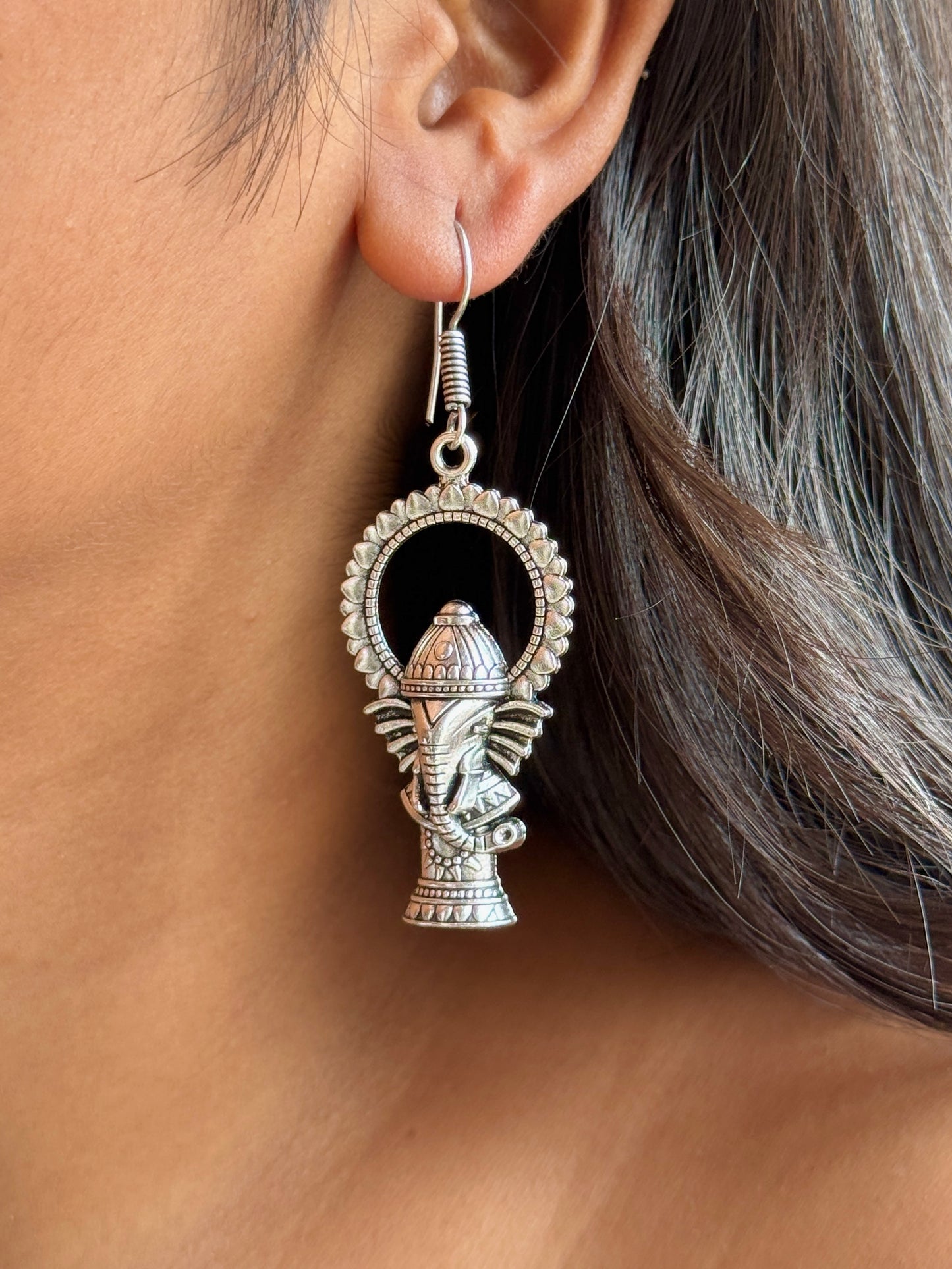 Ganesh Ji Silver Replica Hook Earrings