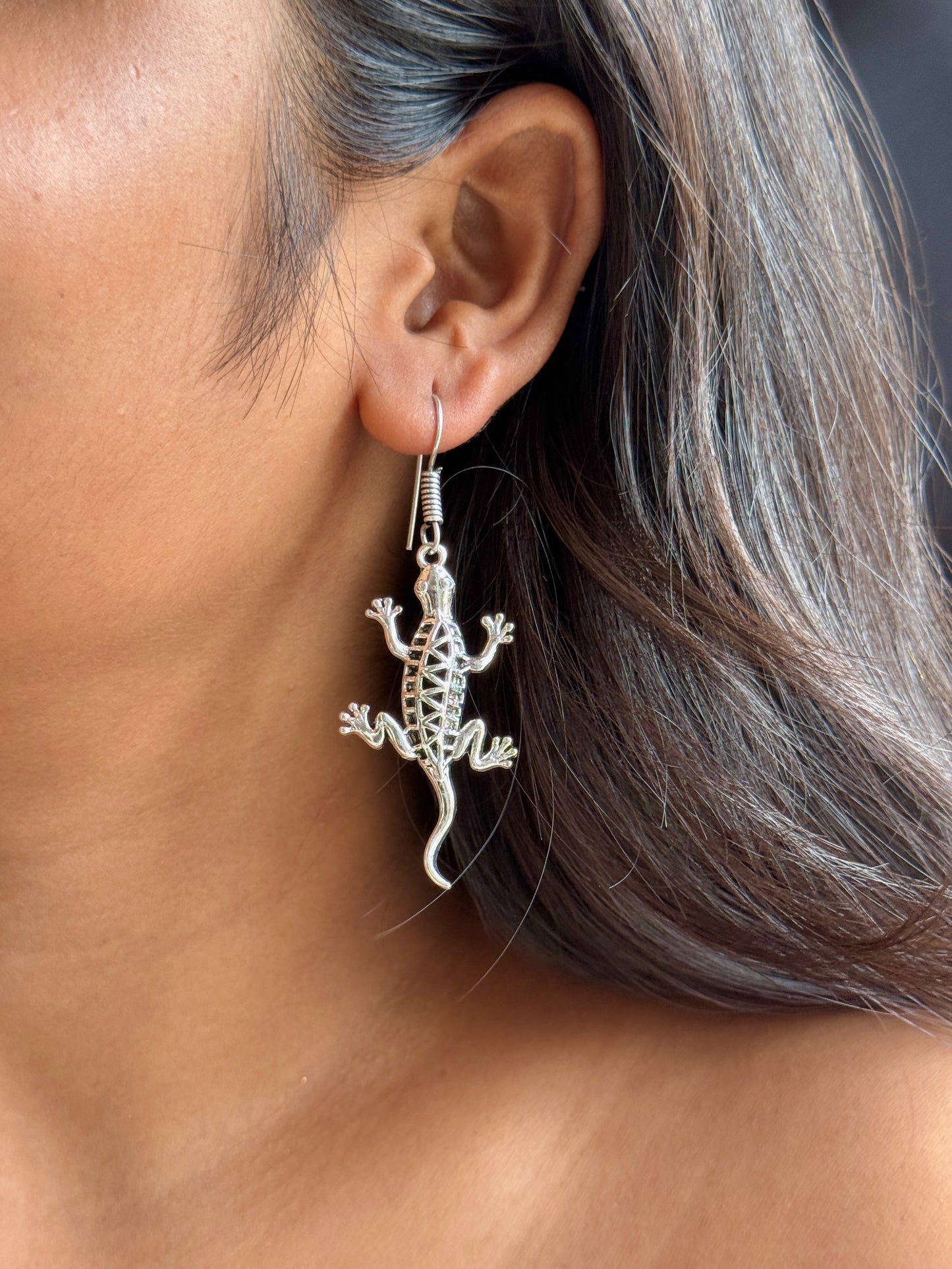 Lizard Charm Silver Replica Hook Earrings
