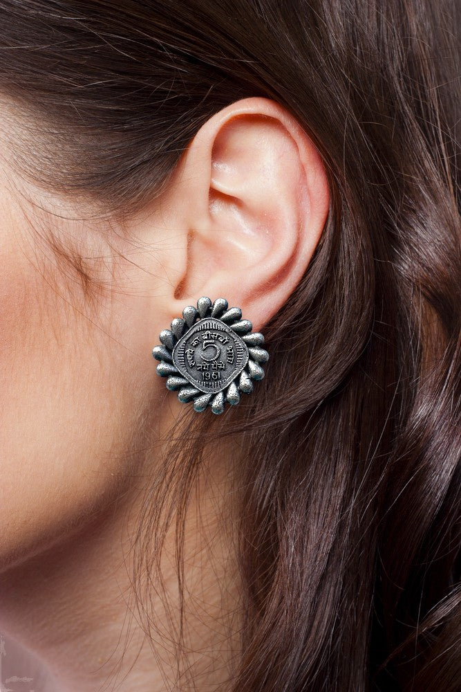 Oxidised Silver Paisa Coin Stud Earrings