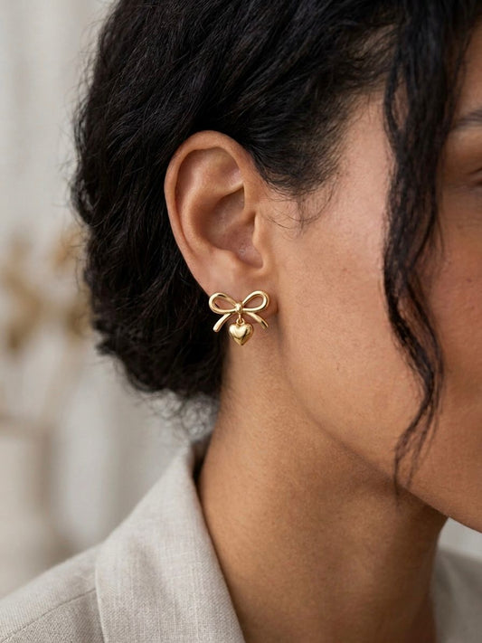 Anti-Tarnish Heart Bow Earrings for Women