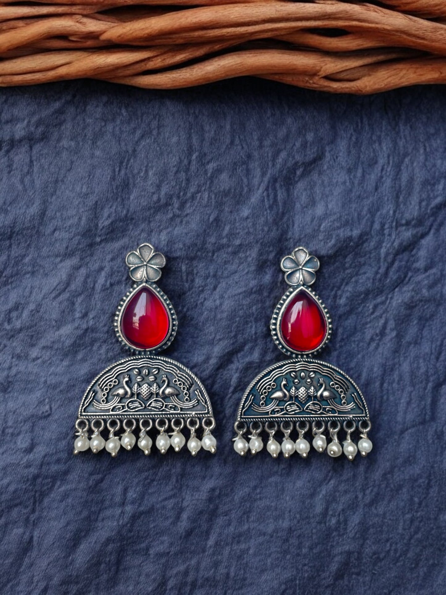 Stone-Studded Silver Oxidised Earrings