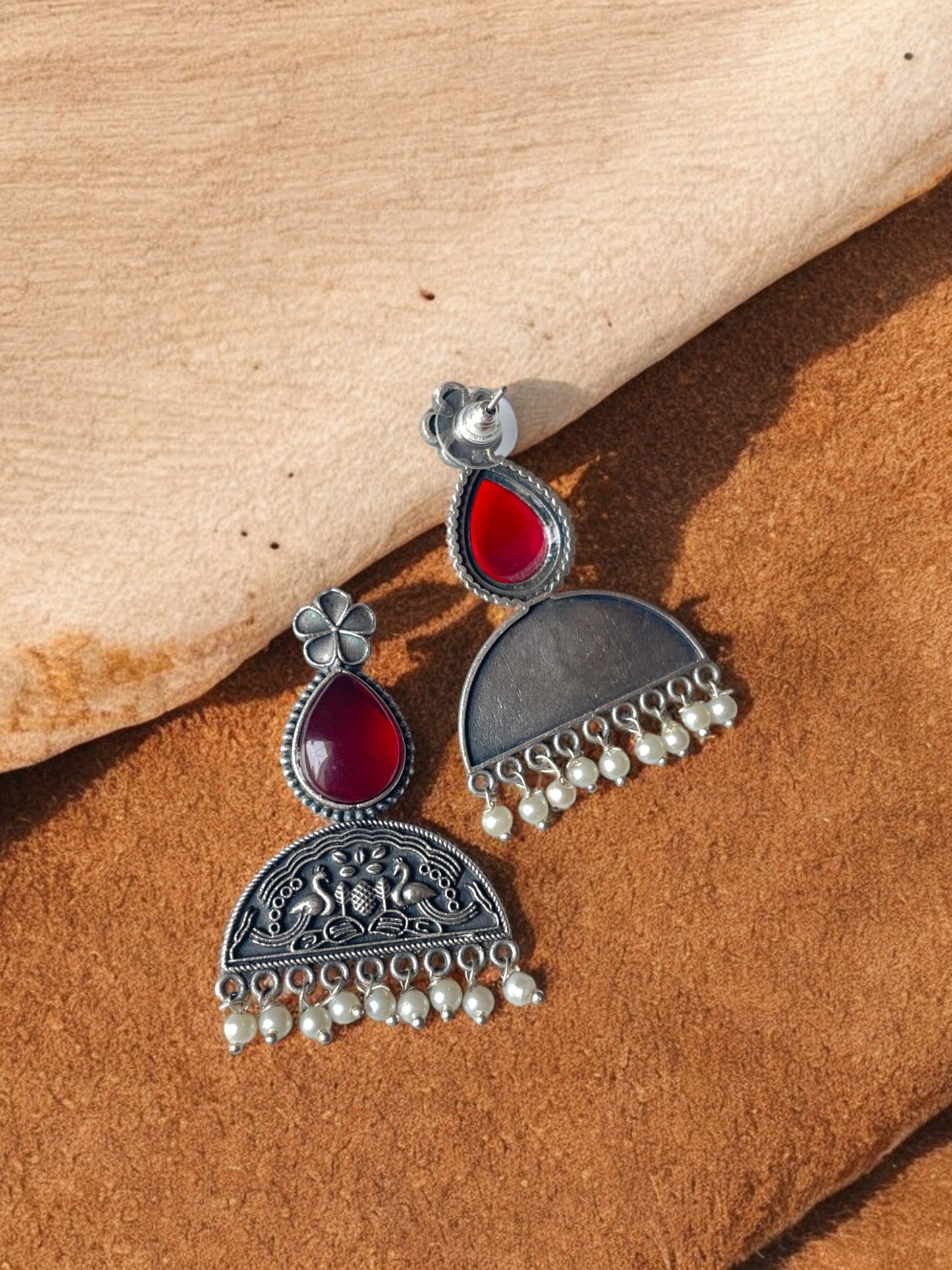 Stone-Studded Silver Oxidised Earrings