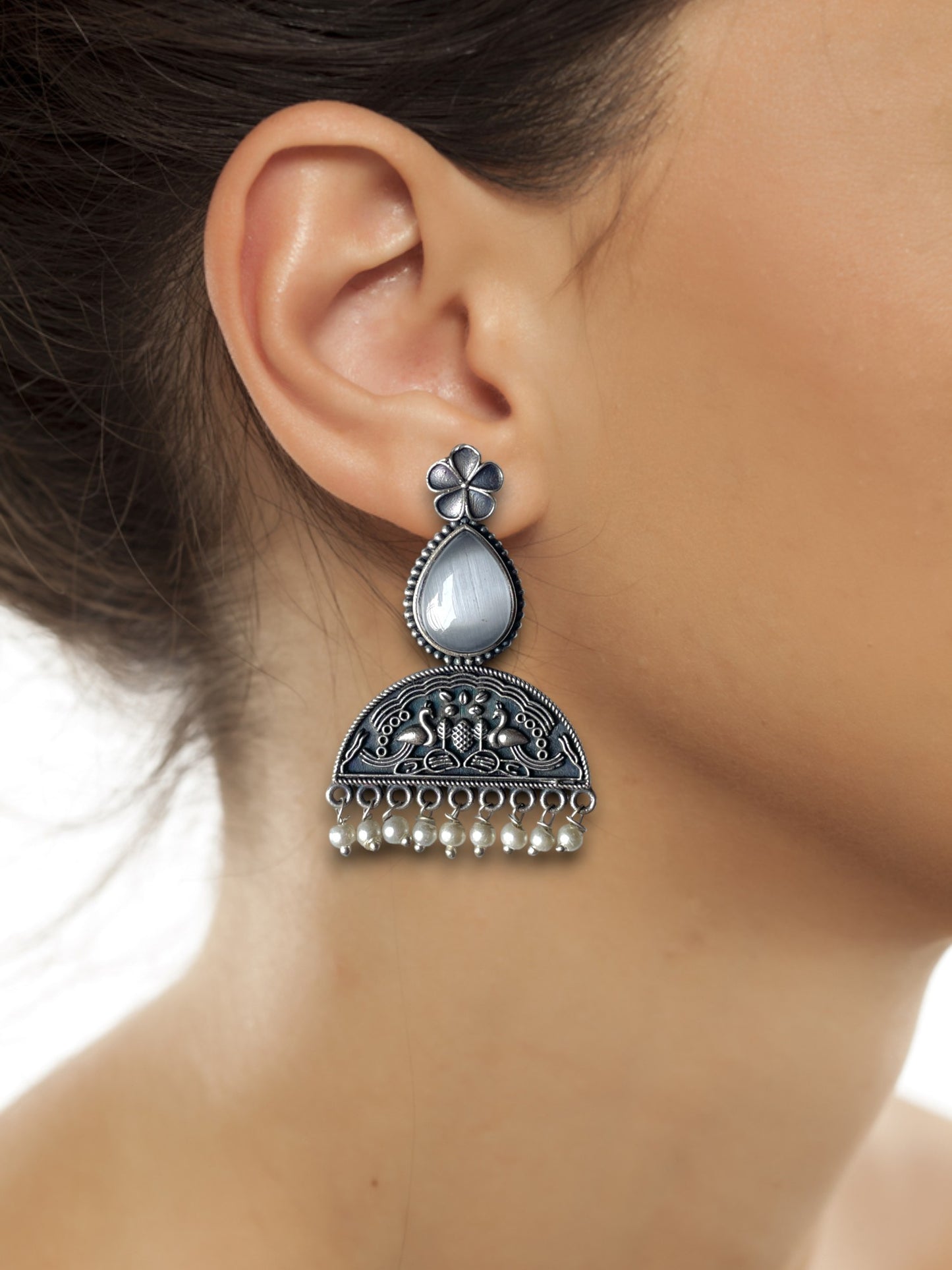 Stone-Studded Silver Oxidised Earrings