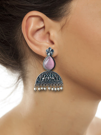 Stone-Studded Silver Oxidised Earrings