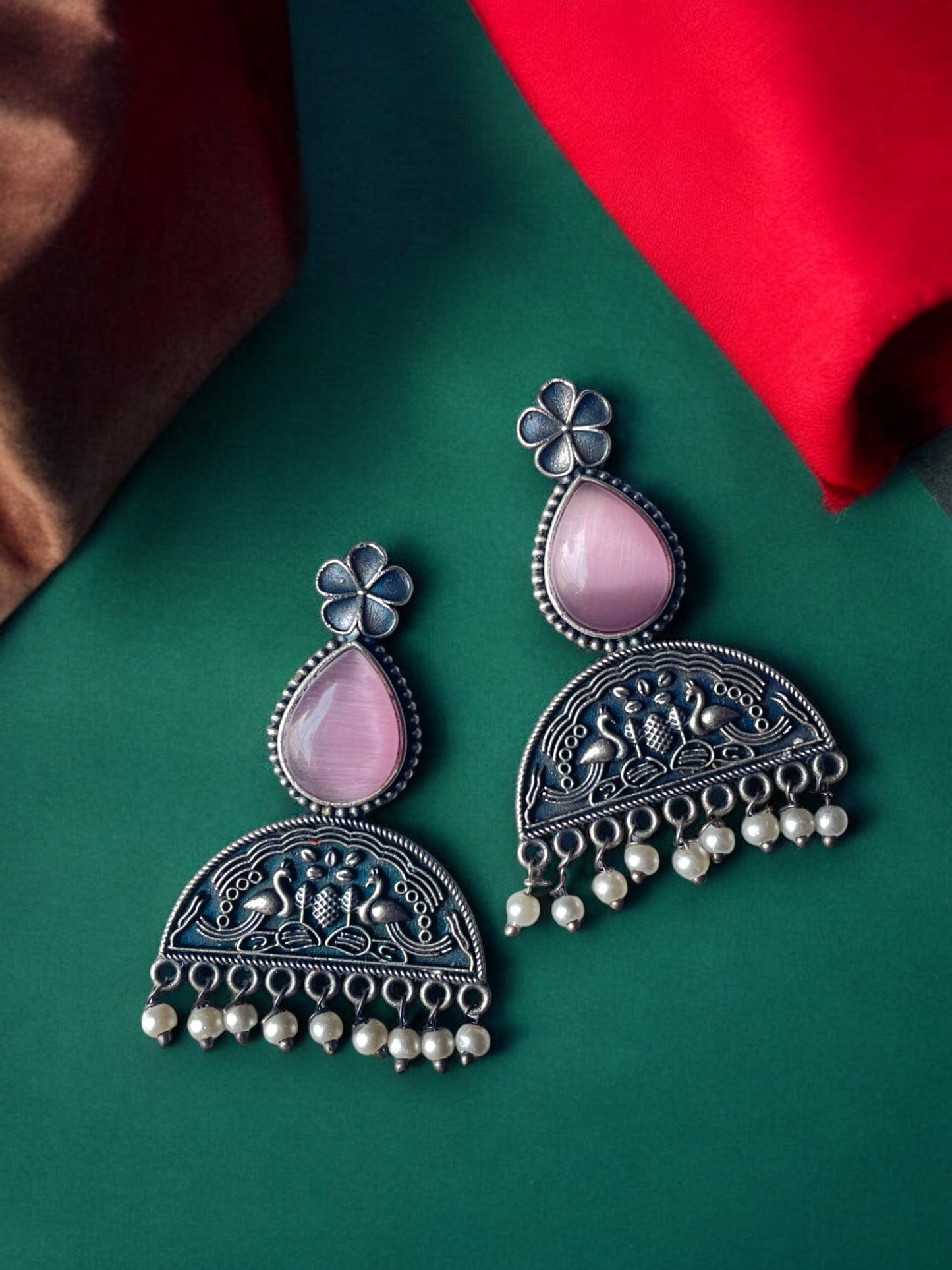 Stone-Studded Silver Oxidised Earrings