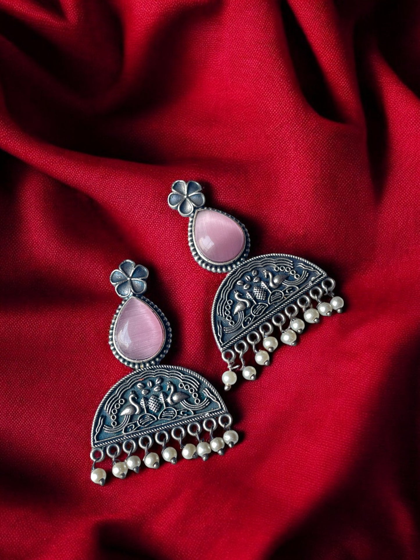 Stone-Studded Silver Oxidised Earrings