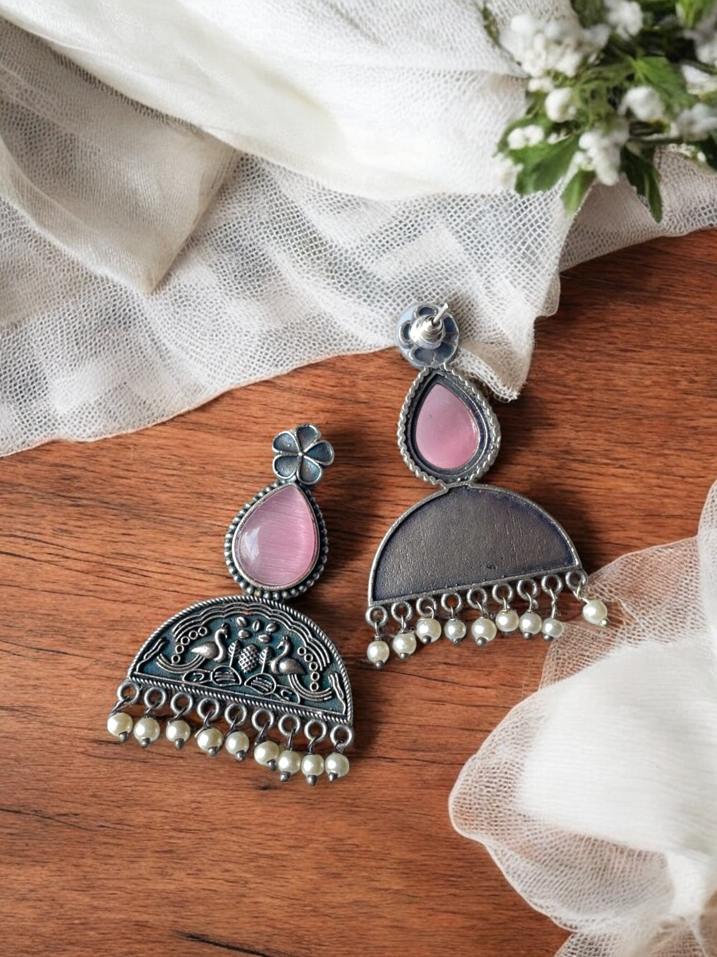 Stone-Studded Silver Oxidised Earrings