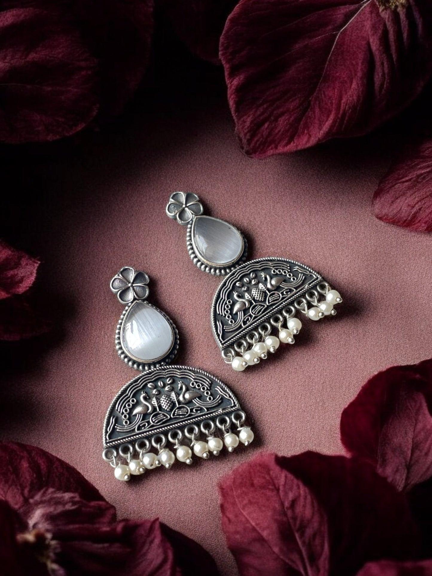 Stone-Studded Silver Oxidised Earrings