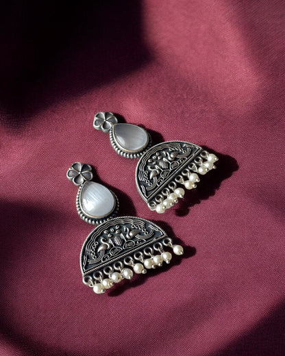 Stone-Studded Silver Oxidised Earrings