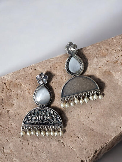 Stone-Studded Silver Oxidised Earrings