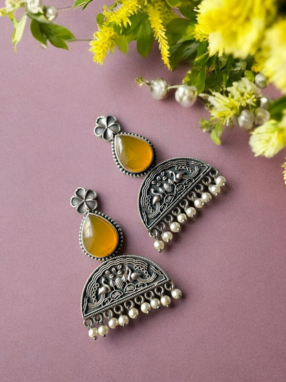 Stone-Studded Silver Oxidised Earrings