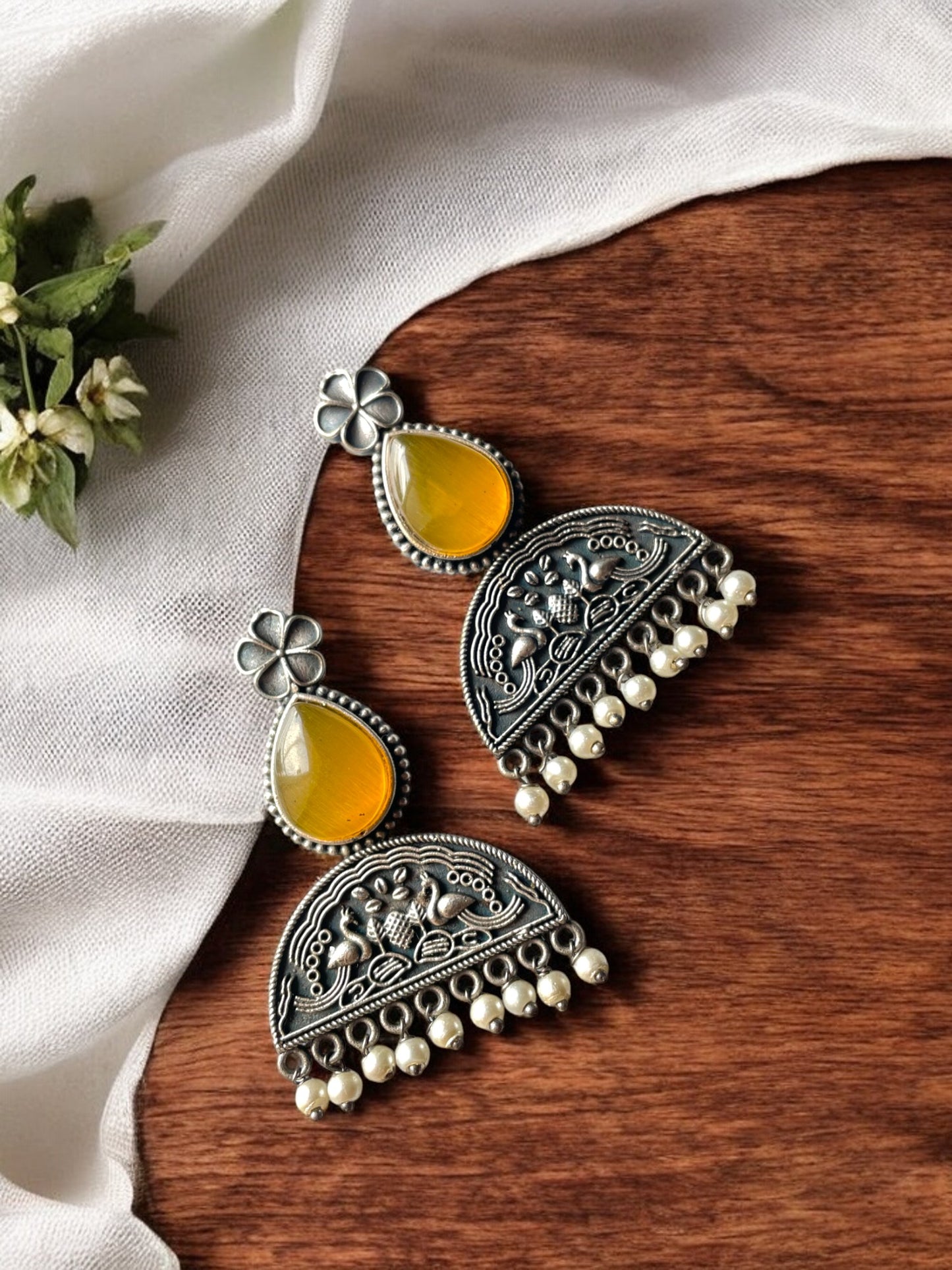 Stone-Studded Silver Oxidised Earrings