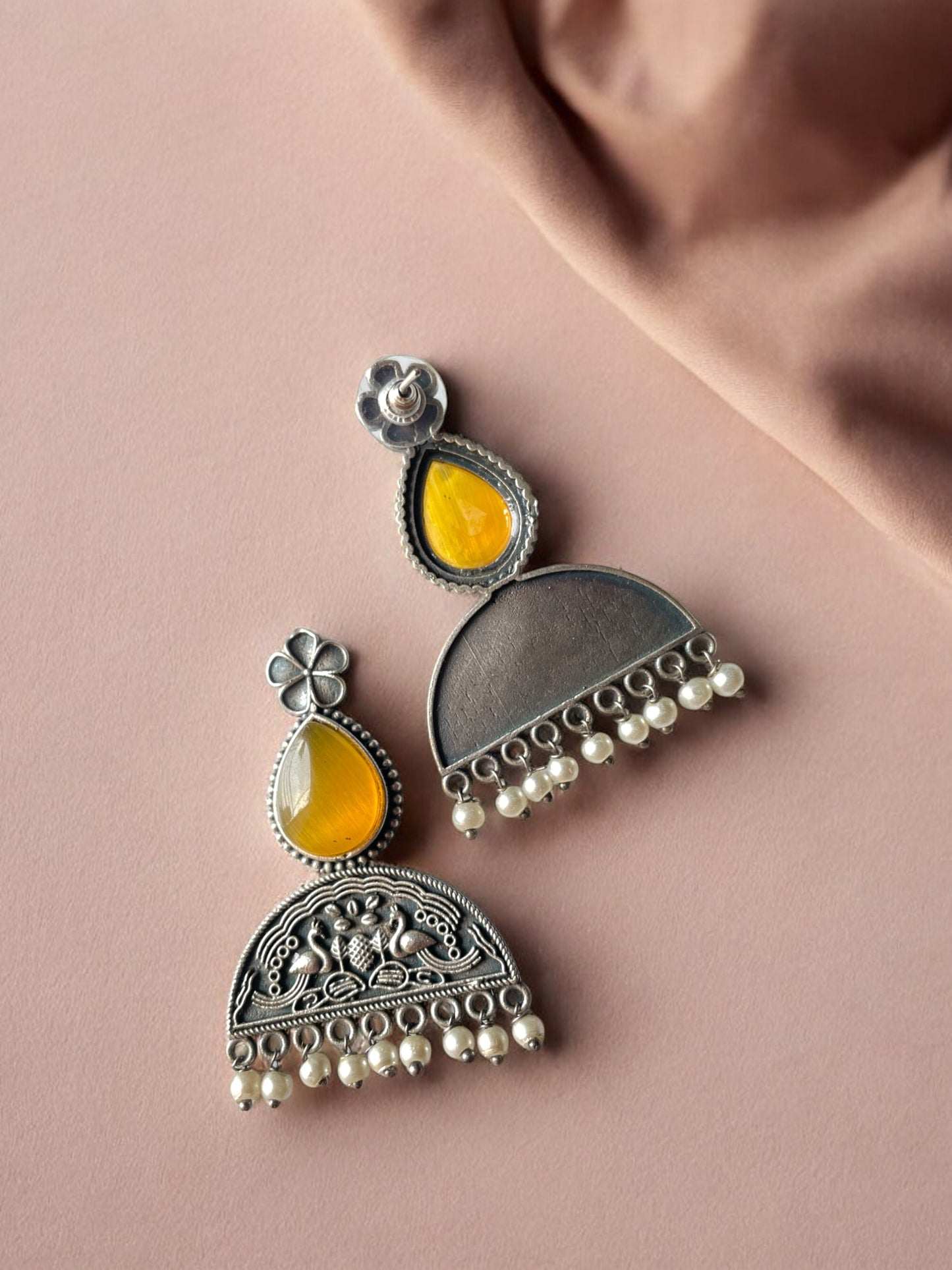 Stone-Studded Silver Oxidised Earrings