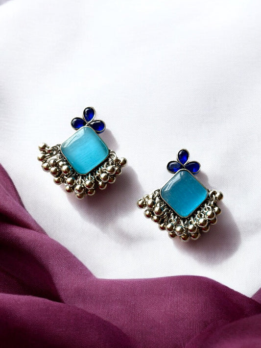 Elegant Blue Monalisa Stone Brass Earrings