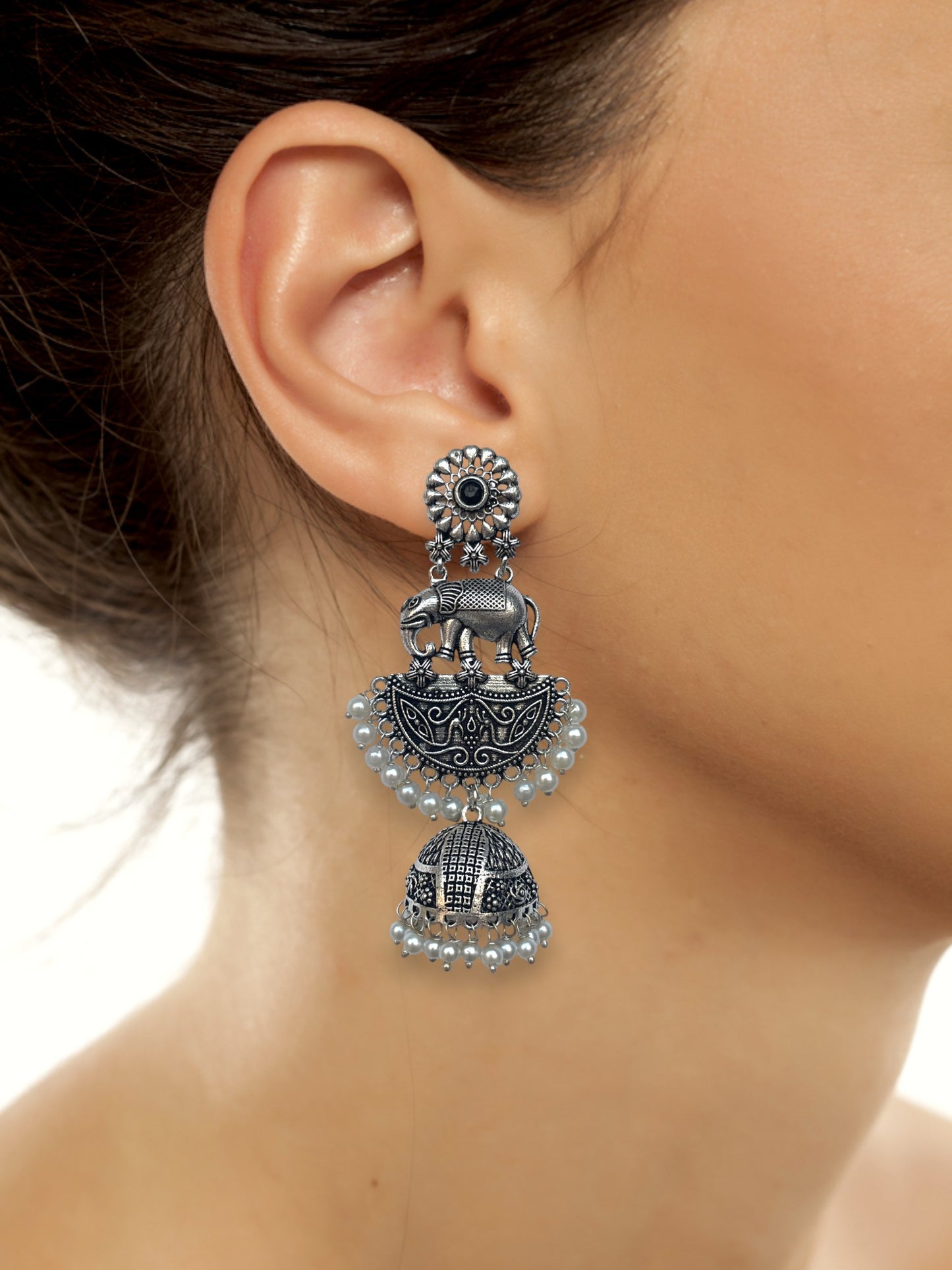 German Silver Elephant Jhumka Earring